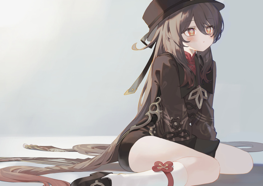 1girl absurdres between_legs black_coat black_footwear black_headwear black_shorts bright_pupils brown_hair chinese_clothes closed_mouth coat coattails collared_coat flower flower-shaped_pupils genshin_impact hair_between_eyes hand_between_legs hat highres hu_tao_(genshin_impact) kanase_(mcbrwn18) long_hair long_sleeves looking_ahead plum_blossoms porkpie_hat red_eyes red_shirt shirt shorts sitting solo symbol-shaped_pupils thighhighs very_long_hair wariza white_pupils white_thighhighs