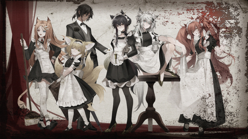 1boy 5girls absurdres alternate_costume angelina_(arknights) animal_ears apron archetto_(arknights) arknights black_bow black_bowtie black_choker black_dress black_footwear black_hair black_jacket black_pants black_pantyhose black_umbrella blonde_hair blue_eyes bow bowtie braid braided_hair_rings breasts broom brown_eyes brown_hair butler cake candle choker closed_mouth closed_umbrella commentary crossed_bangs dark-skinned_male dark_skin dated_commentary dress enmaided food fox_ears fox_girl fox_tail frilled_apron frilled_dress frills full_body gloves gold_footwear green_eyes grey_eyes grey_hair grey_vest hair_between_eyes hair_ornament hair_ribbon hair_rings hairclip hand_on_own_hip heterochromia high_heels highres holding holding_candle holding_cloth holding_suitcase holding_tray holding_umbrella jacket juliet_sleeves kitsune knee_up kyuubi lappland_(arknights) lion_ears lion_girl lion_tail long_hair long_sleeves looking_at_viewer maid maid_apron maid_headdress male_focus medium_breasts medium_dress messy_hair multiple_girls multiple_tails one_eye_closed open_mouth orange_eyes pants pantyhose plate pocket_watch ponytail puffy_short_sleeves puffy_sleeves red_eyes ribbon shirt shoes short_dress short_hair short_sleeves sidelocks sitting sitting_on_table skirt_hold standing strawberry_shortcake suit suit_jacket suitcase suyi-j suzuran_(arknights) tail texas_(arknights) thighhighs thorns_(arknights) tray twin_braids twintails umbrella very_long_hair vest waistcoat watch white_apron white_gloves white_headdress white_headwear white_pantyhose white_ribbon white_shirt white_thighhighs wolf_ears wolf_girl wolf_tail zettai_ryouiki