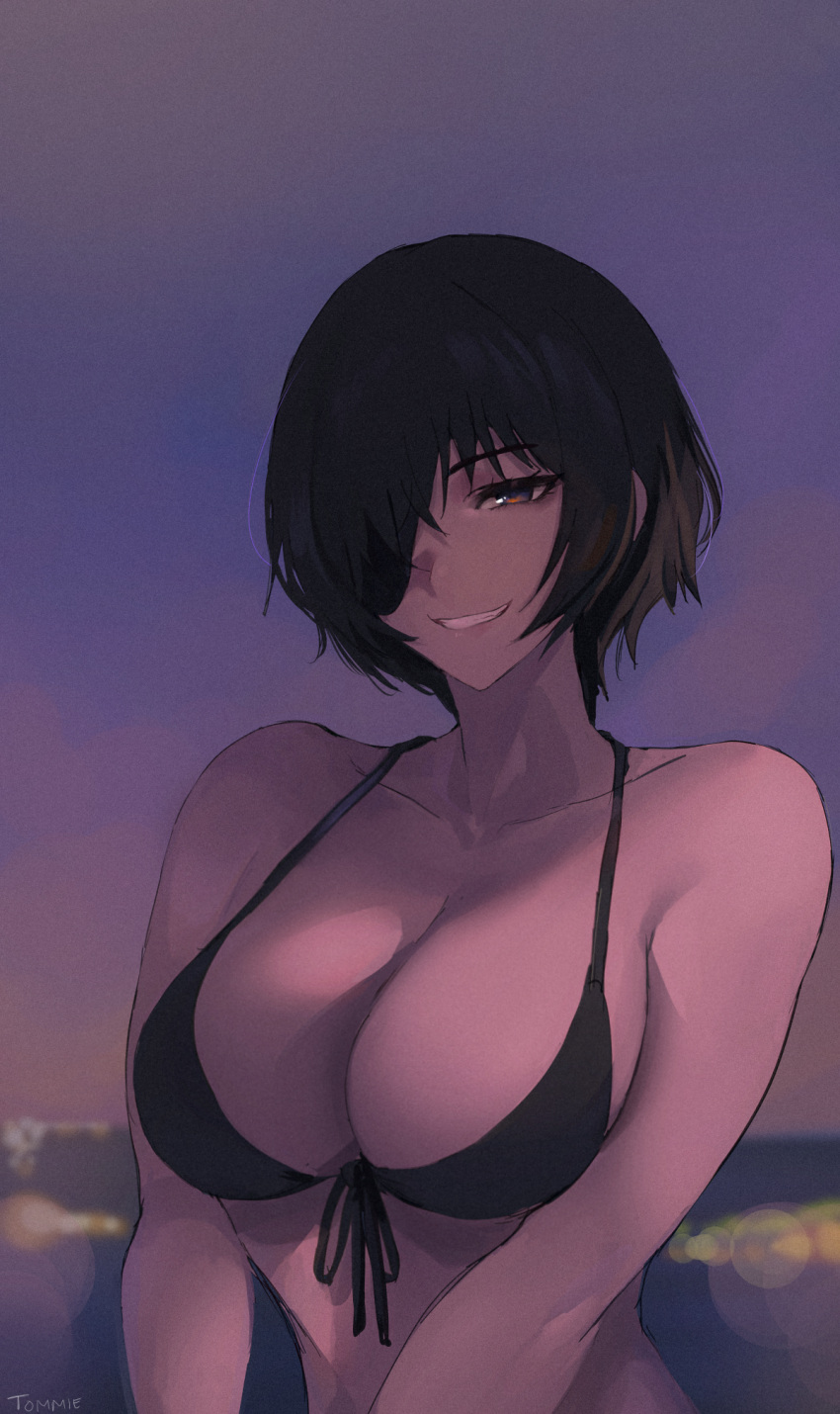 1girl bikini black_bikini black_dress black_hair blurry blurry_background breasts chainsaw_man dress evening eyepatch highres himeno_(chainsaw_man) large_breasts lights portrait short_hair smile swimsuit tommy_(kingdukeee)