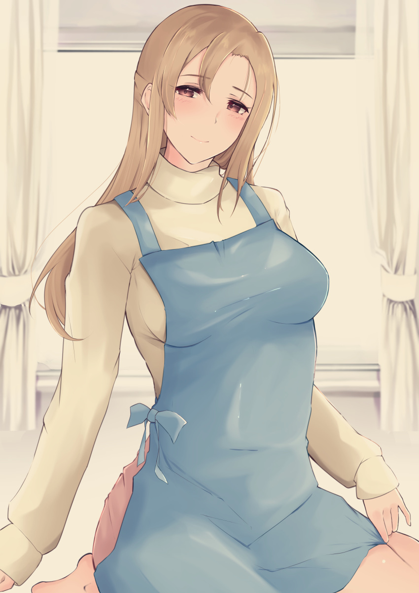 1girl absurdres apron blue_apron breasts brown_eyes brown_sweater closed_mouth commentary_request curtains groin highres housewife impossible_apron konoe_kanata/haruka's_mother light_blush light_brown_hair long_hair long_sleeves looking_at_viewer love_live! love_live!_nijigasaki_high_school_idol_club mature_female medium_breasts partial_commentary shadow sidelocks sitting solo sweater tareme taut_sweater turtleneck turtleneck_sweater ub_takami wariza windowsill