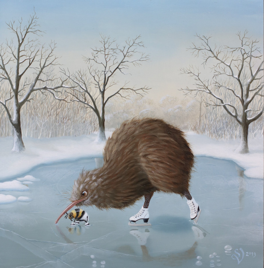 animal_focus bare_tree bee bird bug commentary_request dated day dutch_commentary frozen_lake highres ice ice_skates ice_skating kiwi_(bird) no_humans original outdoors painting_(medium) skates skating snow suzan_visser traditional_media tree winter