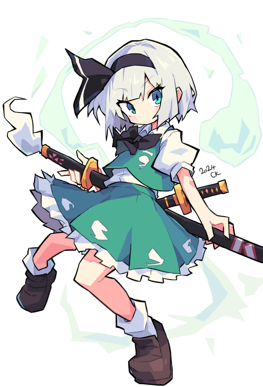 1girl absurdres black_bow black_bowtie black_footwear black_hairband black_ribbon blue_eyes bob_cut bow bow_hairband bowtie collared_shirt frilled_skirt frills green_eyes green_skirt green_vest hair_ribbon hairband highres hitodama_print il_cocokana katana konpaku_youmu konpaku_youmu_(ghost) mary_janes open_mouth puffy_short_sleeves puffy_sleeves ribbon scabbard sheath shirt shoes short_hair short_sleeves skirt skirt_set socks solo sword sword_on_back touhou vest wakizashi weapon weapon_on_back white_hair white_shirt