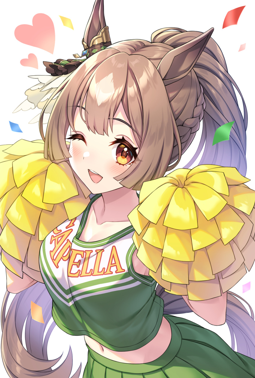 1girl animal_ears breasts brown_eyes brown_hair cheering cheerleader collarbone green_skirt heart highres holding holding_pom_poms horse_ears horse_girl horse_tail large_breasts long_hair navel official_alternate_costume one_eye_closed open_mouth pleated_skirt pom_pom_(cheerleading) ponytail satono_diamond_(umamusume) simple_background skirt smile solo tail tomo_(tmtm_mf_mf) umamusume white_background