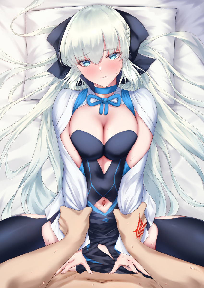 1boy 1girl absurdres black_bow black_dress blue_eyes blush bow braid breasts cleavage closed_mouth clothed_female_nude_male clothed_sex clothing_cutout collared_shirt dress dress_shirt fate/grand_order fate_(series) french_braid grey_hair hair_between_eyes hair_bow hetero highres holding large_breasts long_hair long_sleeves looking_at_viewer midriff morgan_le_fay_(fate) navel nude okuma707 ponytail sex shirt sidelocks smile solo solo_focus stomach_cutout sweat takeuchi_takashi_(style) two-tone_dress very_long_hair