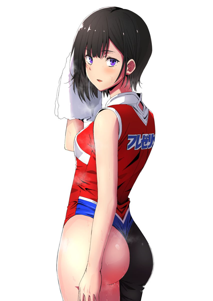 1girl ass asymmetrical_bangs black_hair breasts commentary_request from_behind hanebado! highleg highleg_leotard highres leotard looking_at_viewer looking_back medium_breasts purple_eyes sayoi shiwahime_yuika short_hair simple_background solo standing white_background