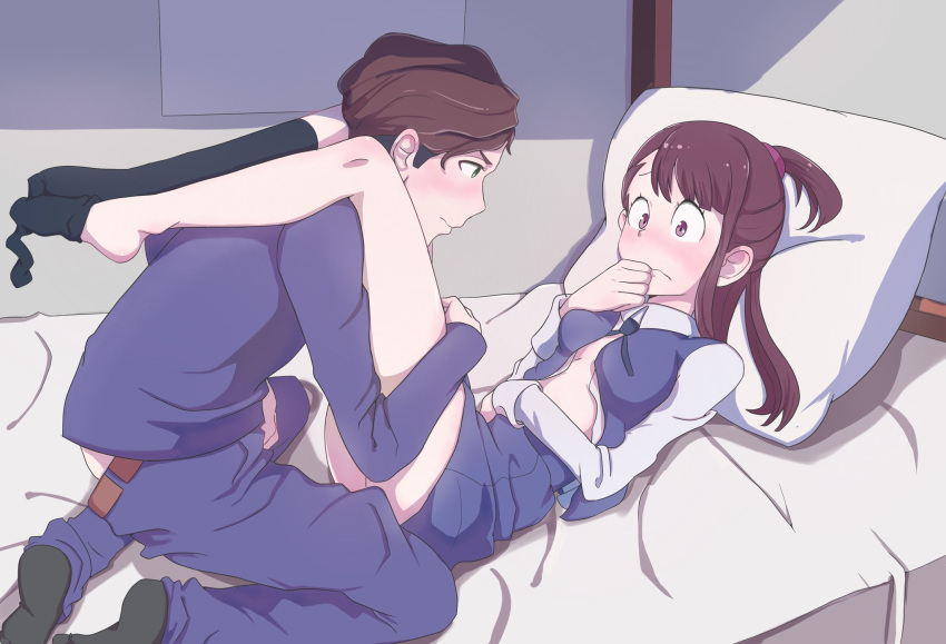 1boy 1girl bed black_socks blush brown_hair highres kagari_atsuko leg_on_another's_shoulder little_witch_academia no_bra open_clothes socks taichi_suzuki