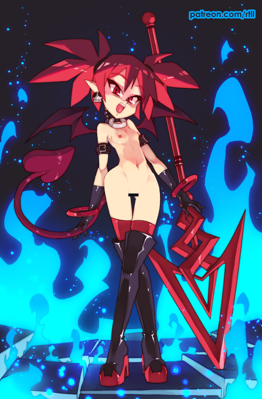 1girl absurdres ass_visible_through_thighs bar_censor black_footwear black_gloves blue_fire boots breasts censored collar commentary crossed_legs demon_girl demon_tail demon_wings disgaea earrings etna fire full_body gloves high_heel_boots high_heels highres jewelry looking_at_viewer makai_senki_disgaea nipples nude planted_weapon pointy_ears polearm red_eyes red_hair red_legwear rtil skull_earrings small_breasts solo spear standing tail thigh_boots thigh_gap thighhighs thighhighs_under_boots twintails watson_cross weapon wings