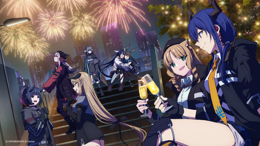 6+girls amiya_(arknights) animal_ears arknights beanie beret black_gloves black_hair black_headwear black_jacket black_pantyhose black_shirt black_shorts black_skirt black_thighhighs blaze_(arknights) blonde_hair building cat_ears cat_girl ch'en_(arknights) cityscape collared_shirt cropped cup demon_girl demon_horns diamond-shaped_pupils diamond_(shape) dragon_girl dragon_horns dutch_angle earpiece ears_through_headwear elbow_gloves fang feather_hair fingerless_gloves fireworks fox_ears fox_girl frostleaf_(arknights) gloves green_eyes grey_hair grey_sweater greythroat_(arknights) hairband hat headphones headset highres holding holding_cup hood hood_down hooded_jacket horns hug implied_extra_ears jacket jessica_(arknights) knee_pads lamppost lights long_hair looking_at_another looking_at_viewer looking_up meteorite_(arknights) multiple_girls necktie night official_art official_wallpaper open_clothes open_jacket open_mouth outdoors pantyhose pointy_ears ponytail rabbit_ears rabbit_girl red_eyes red_hairband red_jacket ribbed_sweater shirt shirt_tucked_in short_hair shorts sitting skirt sky skyscraper smile stairs standing sweater swire_(arknights) symbol-shaped_pupils thighhighs thighs toasting_(gesture) tree very_long_hair white_shirt yellow_necktie
