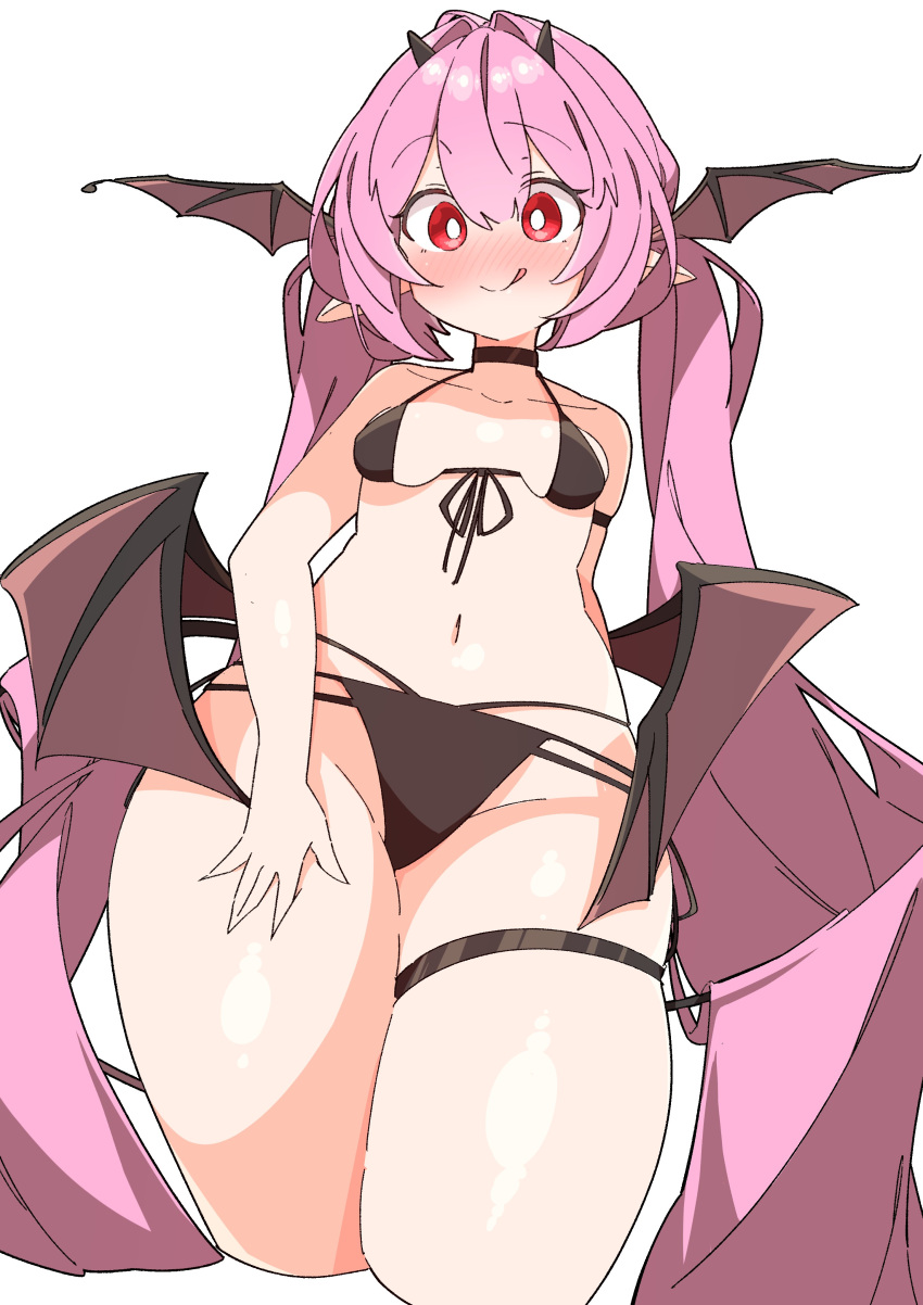 1girl :q absurdres bikini blush breasts closed_mouth demon_girl demon_tail demon_wings highres horns licking_lips long_hair looking_at_viewer original pink_hair red_eyes simple_background skindentation small_breasts solo swimsuit tail thick_thighs thigh_strap thighs tongue tongue_out twintails uruti_2388 very_long_hair white_background wide_hips wings