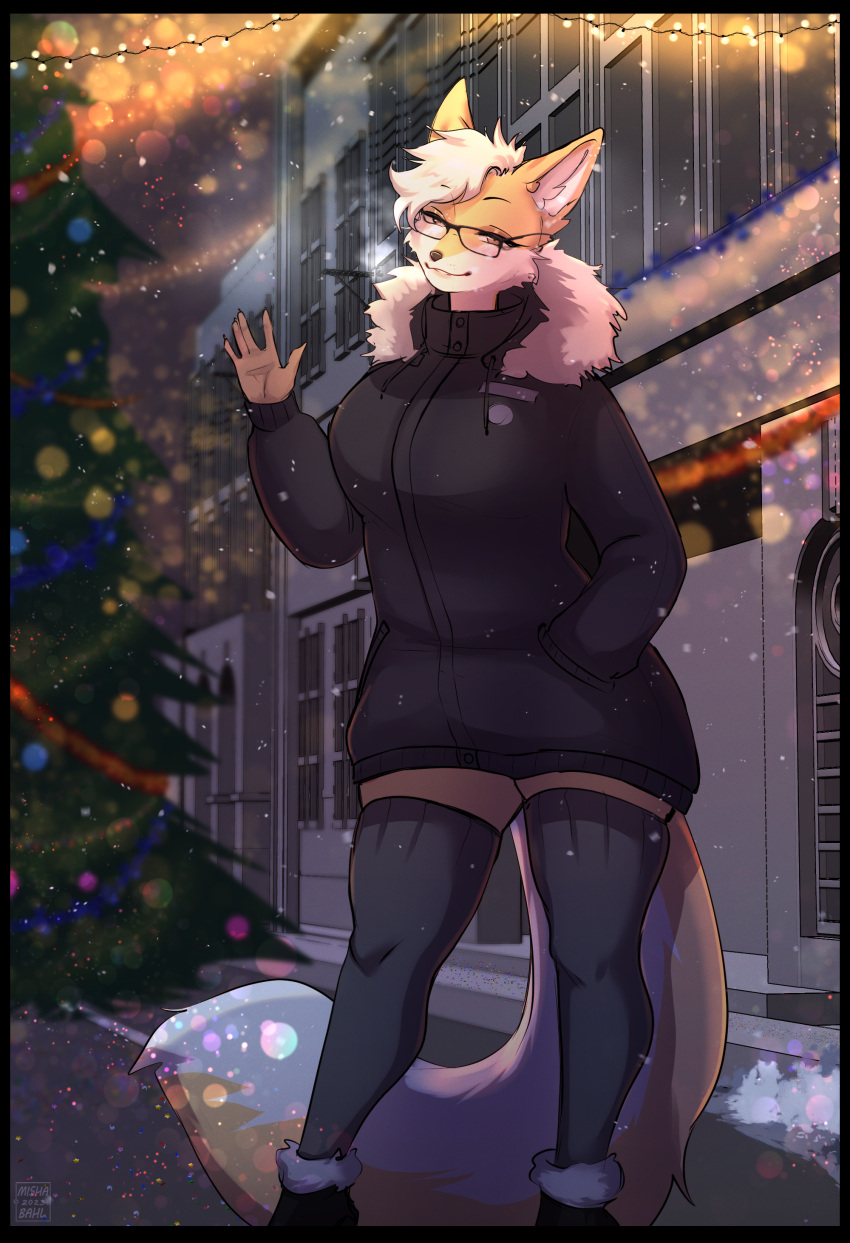 absurd_res anthro big_tail canid canine christmas christmas_tree clothing eyewear fox glasses hi_res holidays intersex ivka jacket legwear mammal mishabahl plant public snow snowing solo standing street tail topwear tree waving_hand