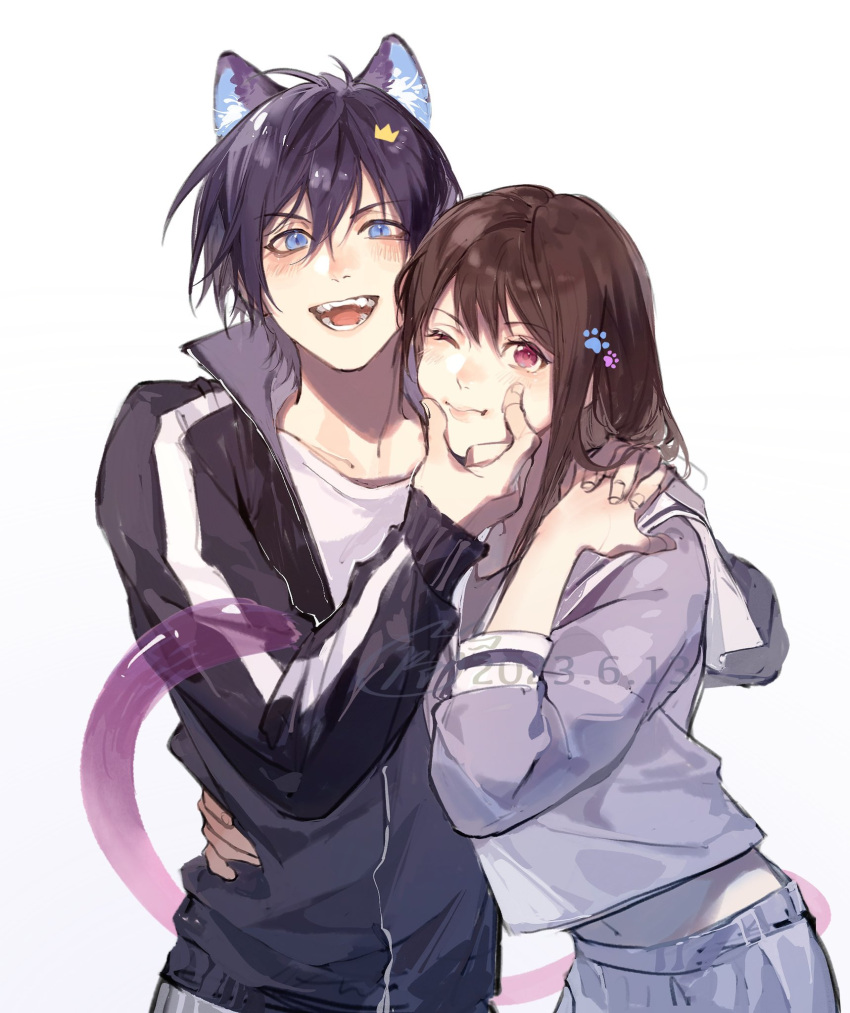 1boy 1girl :d :t animal_ears black_hair black_jacket blue_eyes brown_hair cat_ears cat_tail cheek_squash commentary_request cowboy_shot dated hair_between_eyes hand_on_another's_face hand_on_another's_waist highres holding_hands iki_hiyori jacket jyukawa kemonomimi_mode long_hair long_sleeves looking_at_viewer navel noragami one_eye_closed open_mouth pink_eyes purple_jacket purple_skirt shirt short_hair side-by-side signature simple_background skirt slit_pupils smile standing tail track_jacket white_background white_shirt yato_(noragami)