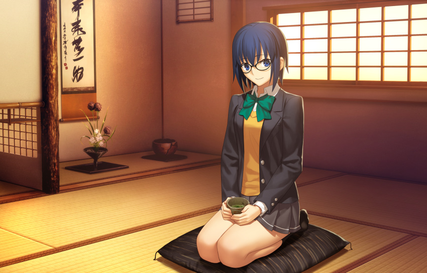 1girl blue_eyes blue_hair ciel_(tsukihime) full_body game_cg glasses green_ribbon highres official_art ribbon short_hair skirt solo takeuchi_takashi tsukihime tsukihime_(remake)