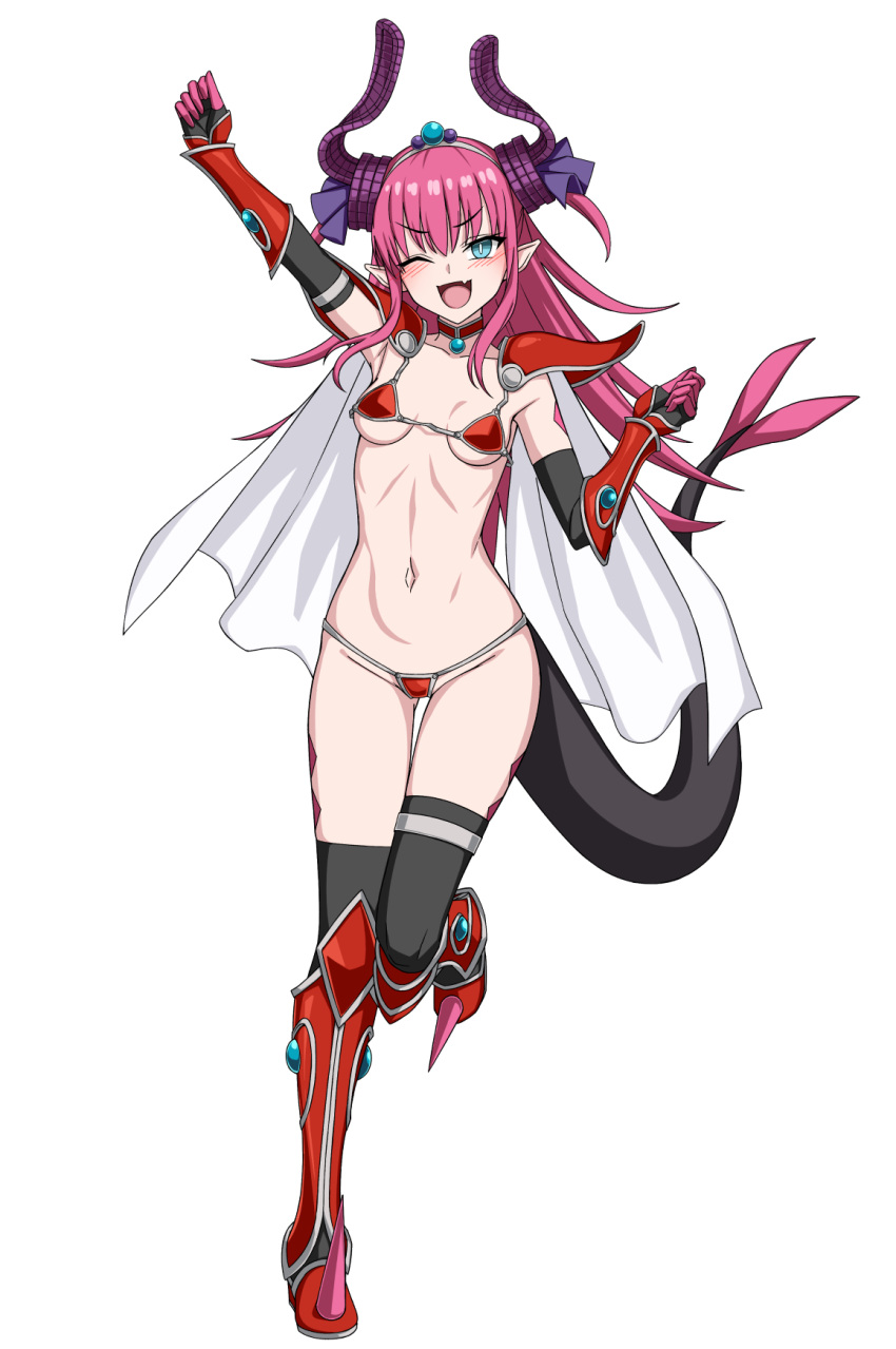 1girl armor armored_boots bikini_armor black_gloves black_thighhighs blue_eyes blush boots breasts cape curled_horns detached_collar dragon_horns dragon_tail elbow_gloves elizabeth_bathory_(brave)_(fate) elizabeth_bathory_(fate) fate/grand_order fate_(series) full_body gauntlets gloves hairband highres horns long_hair looking_at_viewer muta_poo navel one_eye_closed open_mouth pauldrons pink_hair pointy_ears red_armor shoulder_armor small_breasts smile solo tail thighhighs white_cape