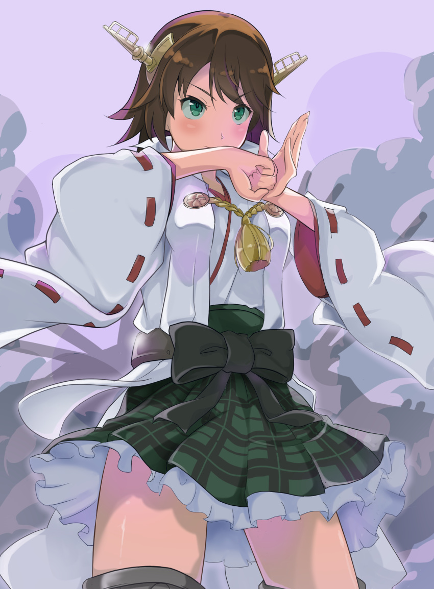 1girl blush bow breasts brown_hair fist_in_hand frilled_skirt frills from_below green_eyes hiei_(kantai_collection) highres kantai_collection medium_breasts nontraditional_miko plaid plaid_skirt purple_background short_hair skirt solo takashi_(nougyou) thighhighs wide_sleeves zettai_ryouiki
