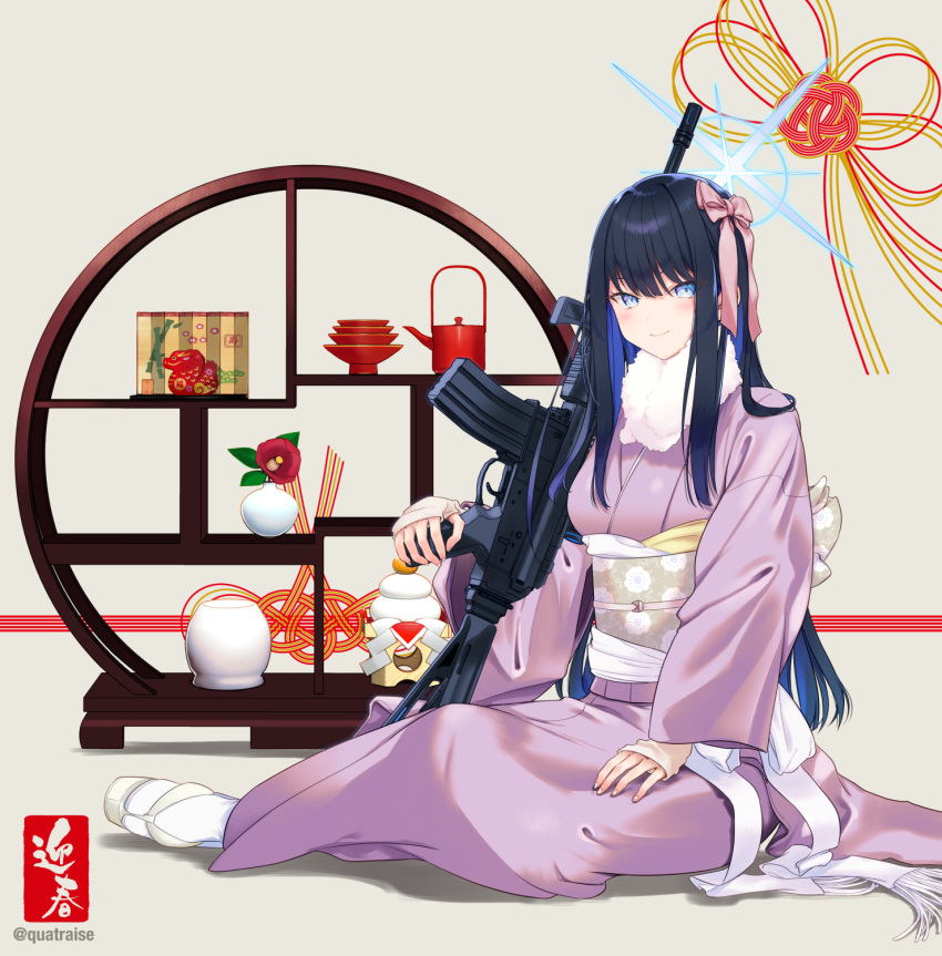 1girl assault_rifle black_hair blue_archive blue_eyes blue_halo blush bow closed_mouth floral_print foregrip full_body gun hair_bow halo highres indoors japanese_clothes kimono long_hair long_sleeves looking_at_viewer obi pink_bow pink_kimono purple_kimono quatraise ribbon rifle saori_(blue_archive) sash sig_516 sitting smile solo twitter_username very_long_hair weapon white_sash