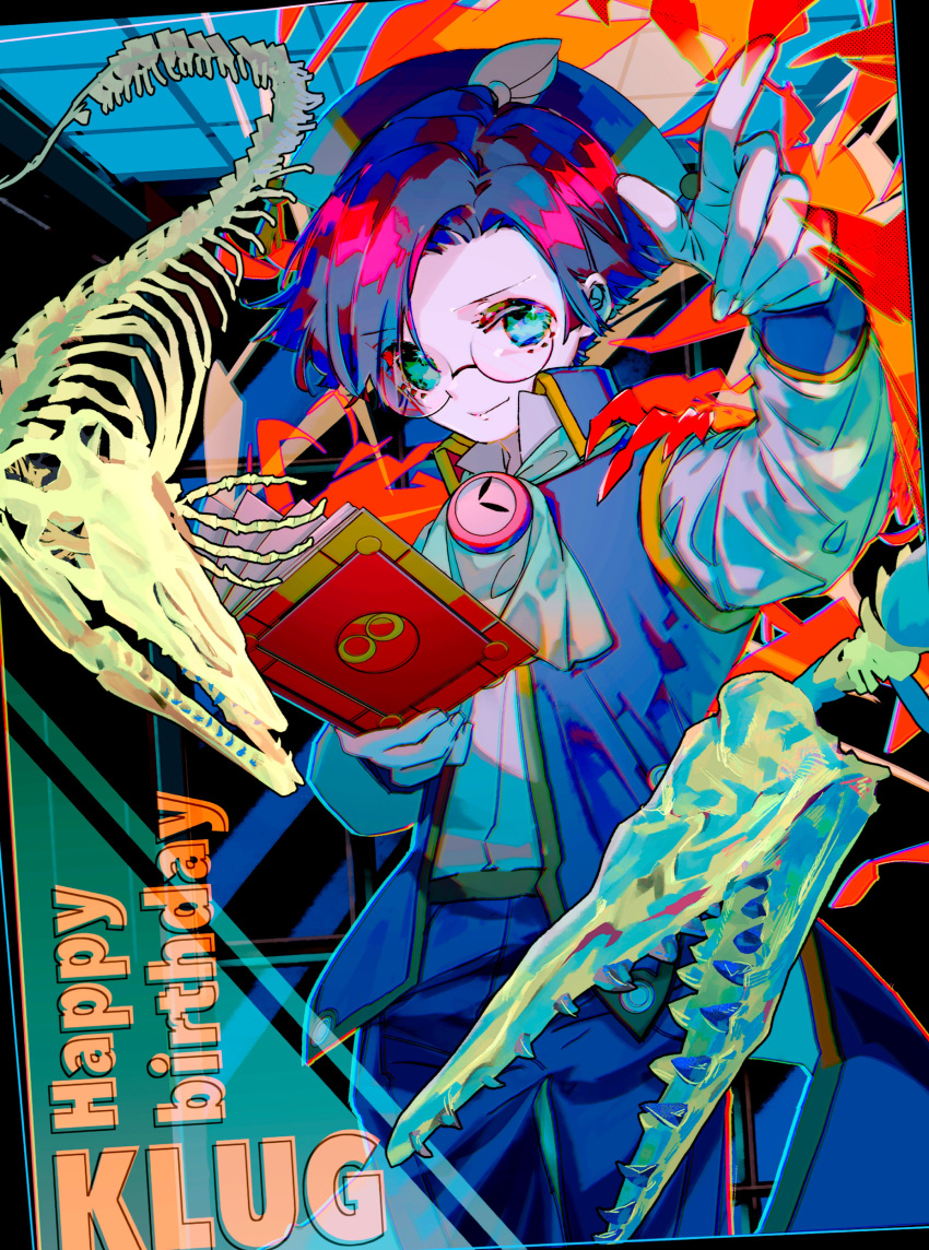 1boy absurdres animal_skeleton arm_up ascot book character_name clock closed_mouth collared_shirt cowboy_shot glasses green_eyes happy_birthday hat highres holding holding_book index_finger_raised klug_(puyopuyo) long_sleeves looking_at_viewer male_focus merumerumerume open_clothes open_vest pants pointing pointing_up purple_headwear purple_pants purple_vest puyopuyo round_eyewear shirt short_hair smile solo vest white_ascot white_shirt wing_hat_ornament