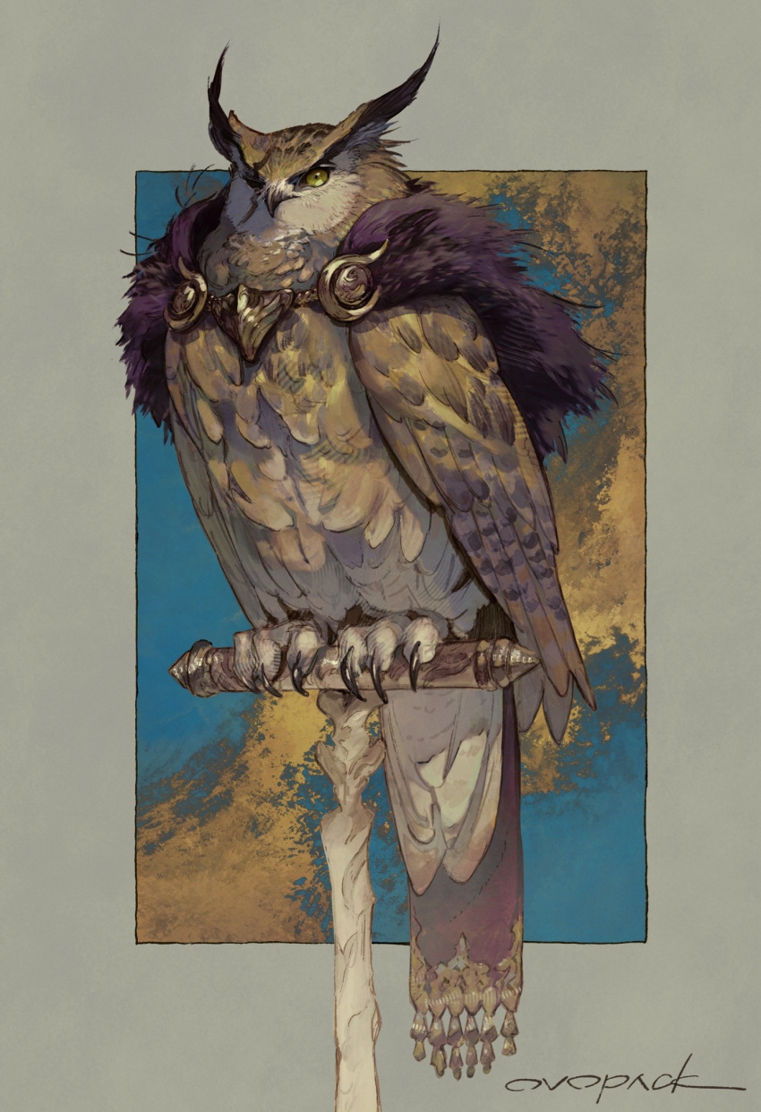 animal animal_focus artist_name beak bird border cape cape_clasp claws commentary full_body highres looking_at_viewer murayama_ryouta no_humans one-eyed original outside_border owl perching purple_cape scar scar_across_eye signature solo tail talons tassel wings yellow_border yellow_eyes