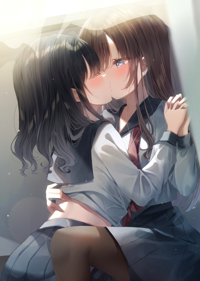 2girls absurdres black_hair black_pantyhose blue_eyes blue_sailor_collar blue_skirt blush brown_hair closed_eyes clothes_lift commentary highres holding_hands interlocked_fingers kiss light_particles long_hair looking_at_another multiple_girls neckerchief original pantyhose pleated_skirt red_neckerchief sailor_collar school_uniform serafuku shirt shirt_lift sidelocks skirt sunlight touki_matsuri undone_neckerchief white_shirt yuri