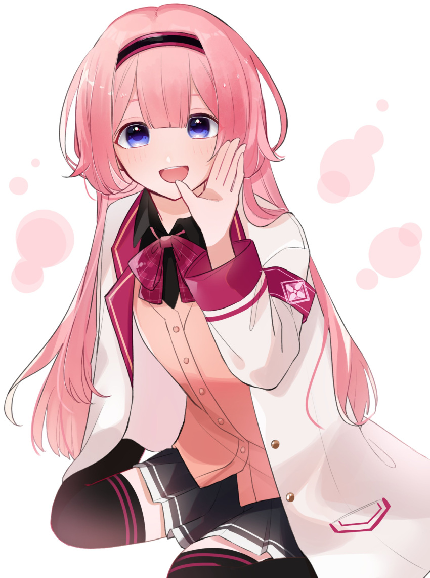 1girl :d absurdres armband bangs beige_vest black_hairband black_legwear black_shirt black_skirt blue_eyes blush bow bowtie buttons collared_shirt covering_mouth full_body hairband hand_over_own_mouth highres jacket long_hair long_sleeves nijisanji pink_bow pink_bowtie pink_hair pleated_skirt shirt simple_background sitting skirt smile solo suo_sango thighhighs very_long_hair virtual_youtuber waai!_(syu09a) wariza white_background white_jacket