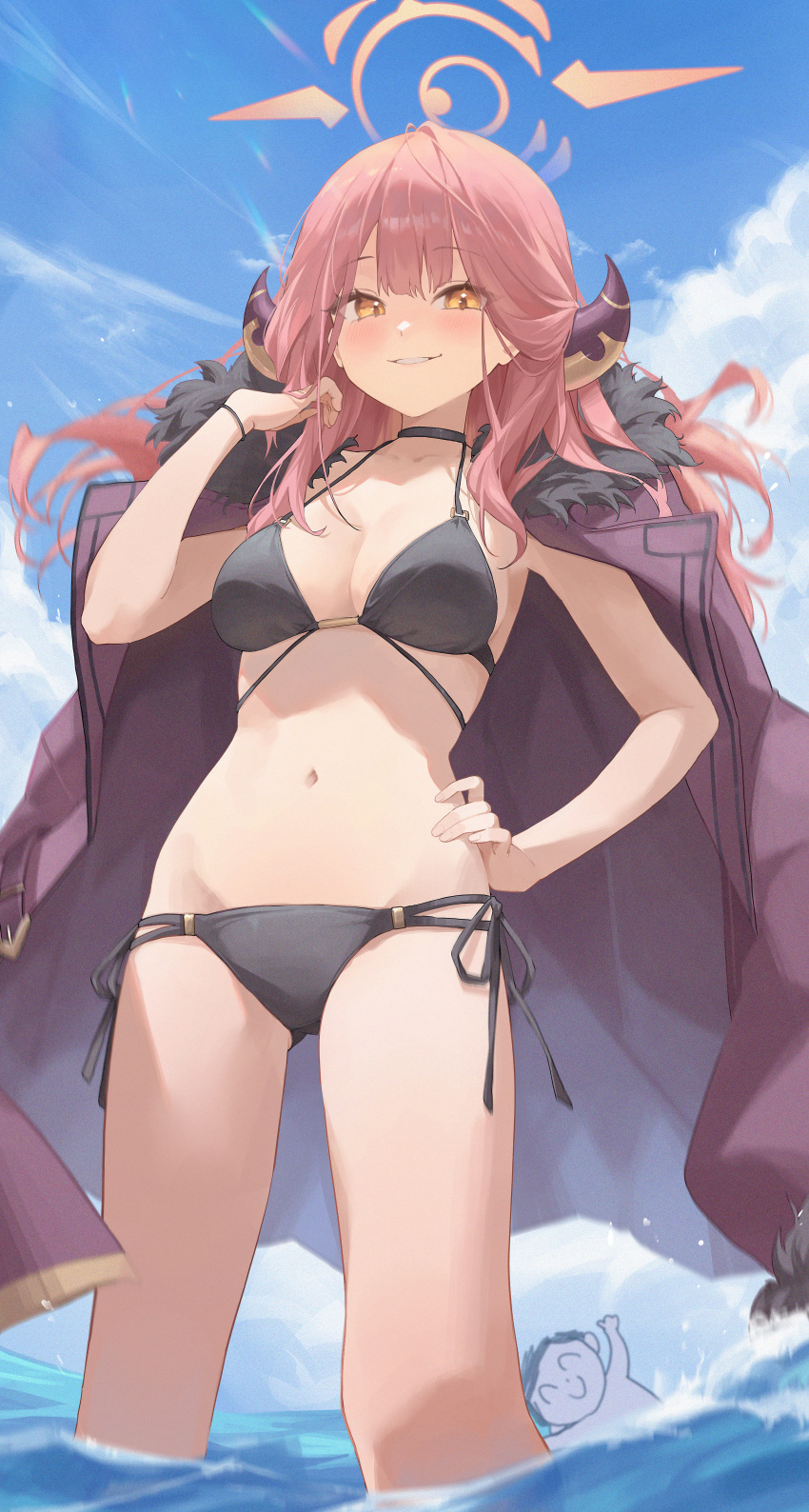 1girl absurdres aru_(blue_archive) ass_visible_through_thighs bikini black_bikini black_choker blue_archive blue_sky blush breasts brown_horns choker coat coat_on_shoulders collarbone commentary day doodle_sensei_(blue_archive) fingernails halo hand_on_own_hip highres horns large_breasts long_hair looking_at_viewer midori_xu navel open_clothes open_coat orange_halo outdoors pink_hair red_coat sensei_(blue_archive) side-tie_bikini_bottom sky smile stomach swimming swimsuit thighs wading yellow_eyes