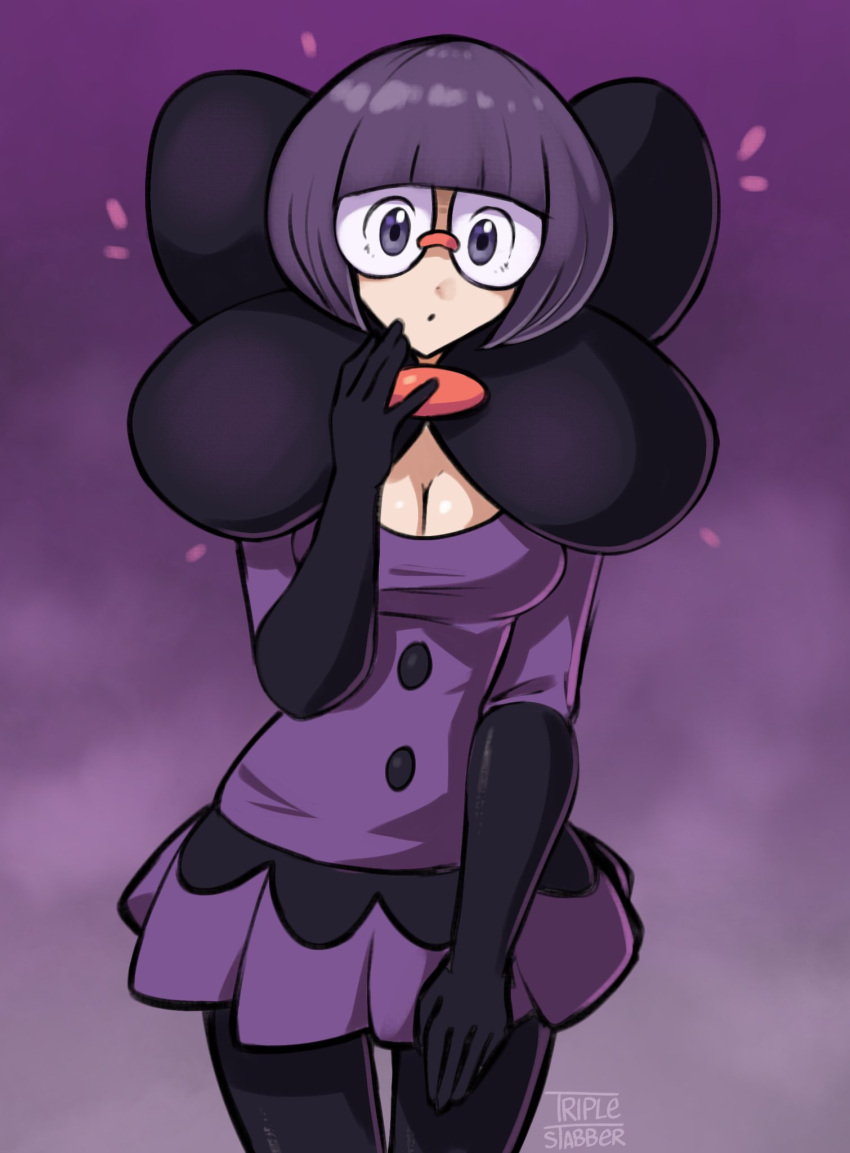 1girl artist_name black_gloves black_pantyhose blunt_bangs bob_cut bow breasts buttons cleavage glasses gloves highres large_bow large_breasts medium_breasts pantyhose pokemon pokemon_bw purple_hair purple_shirt purple_skirt rimless_eyewear round_eyewear shauntal_(pokemon) shirt skirt solo triple_stabber