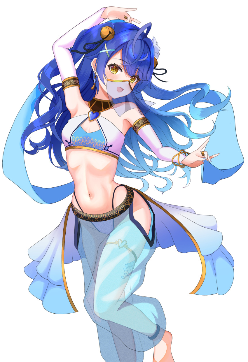 absurdres ahoge amamiya_kokoro arabian_clothes barefoot bell blue_hair bridal_gauntlets crop_top dancer elbow_gloves emobico gloves hair_bell hair_ornament harem_outfit harem_pants highres hip_vent long_hair mouth_veil nijisanji pants see-through_pants veil virtual_youtuber white_gloves x_hair_ornament yellow_eyes