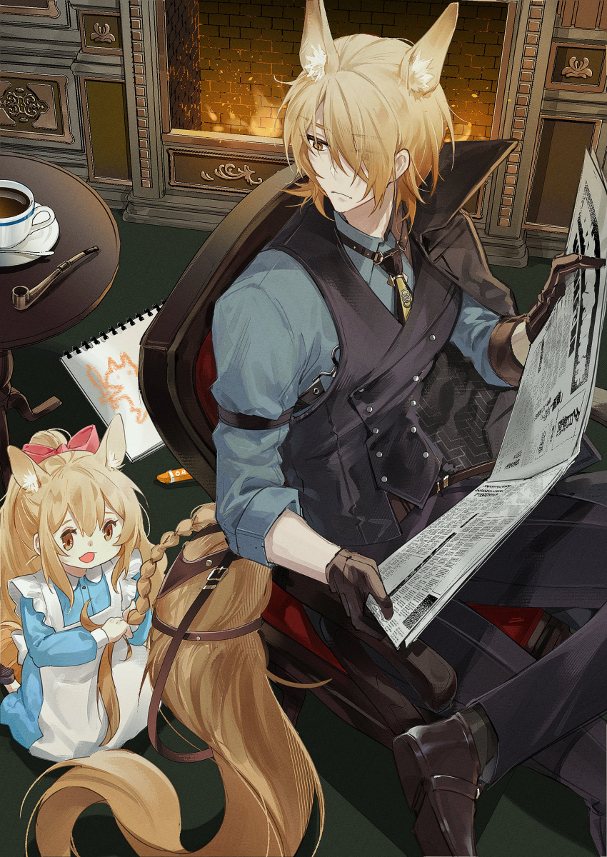 1boy 1girl absurdres animal_ear_fluff animal_ears apron arknights black_gloves black_pants black_vest blemishine_(arknights) blonde_hair blue_dress blue_shirt bow braided_tail brown_eyes brown_footwear child's_drawing closed_mouth commentary cup dress extra_ears figure_four_sitting fireplace frilled_apron frills gloves hair_between_eyes hair_bow hair_over_one_eye half_updo highres holding holding_newspaper horse_boy horse_ears horse_girl horse_tail indoors long_bangs long_sleeves maid mlynar_(arknights) newspaper on_chair open_mouth pants puffy_long_sleeves puffy_sleeves red_bow shidare_(youh4016) shirt shoes short_hair sitting smoking_pipe table tail teacup uncle_and_niece vest white_apron