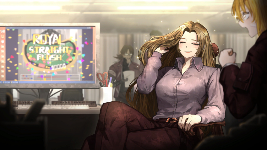 1boy 1other 2girls adjusting_hair blonde_hair breasts brown_hair closed_mouth collared_shirt don_quixote_(project_moon) dress_shirt gambling game_cg glasses gregor_(project_moon) highres indoors keyboard_(computer) large_breasts limbus_company long_hair long_sleeves mole mole_under_eye monitor multiple_girls nai_ga official_art pants parted_lips pink_shirt project_moon prosthesis prosthetic_arm red_pants rodion_(project_moon) shirt short_hair sitting sparkle sparkling_eyes standing teeth wing_collar