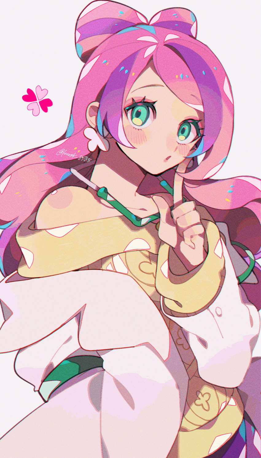 1girl blush coat collarbone commentary_request eyelashes eyeshadow green_eyes hand_in_pocket head_tilt highres index_finger_raised kawasaki_(kwsk_8765) long_hair long_sleeves looking_at_viewer makeup miriam_(pokemon) multicolored_hair open_clothes open_coat pink_eyeshadow pink_hair pokemon pokemon_sv solo streaked_hair sweater white_coat yellow_sweater