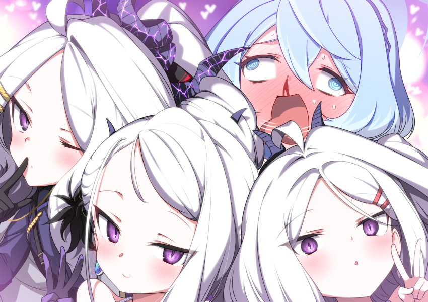 4girls ahoge ako_(blue_archive) anniversary black_gloves black_horns blue_archive blush closed_mouth dangle_earrings demon_horns earrings gloves grey_hair halo hina_(blue_archive) hina_(dress)_(blue_archive) hina_(swimsuit)_(blue_archive) hitotose_rin horns index_finger_raised jewelry long_hair multiple_girls multiple_horns multiple_persona necklace official_alternate_costume official_alternate_hairstyle one_eye_closed open_mouth parted_bangs parted_lips purple_eyes purple_gloves short_hair smile tongue tongue_out v