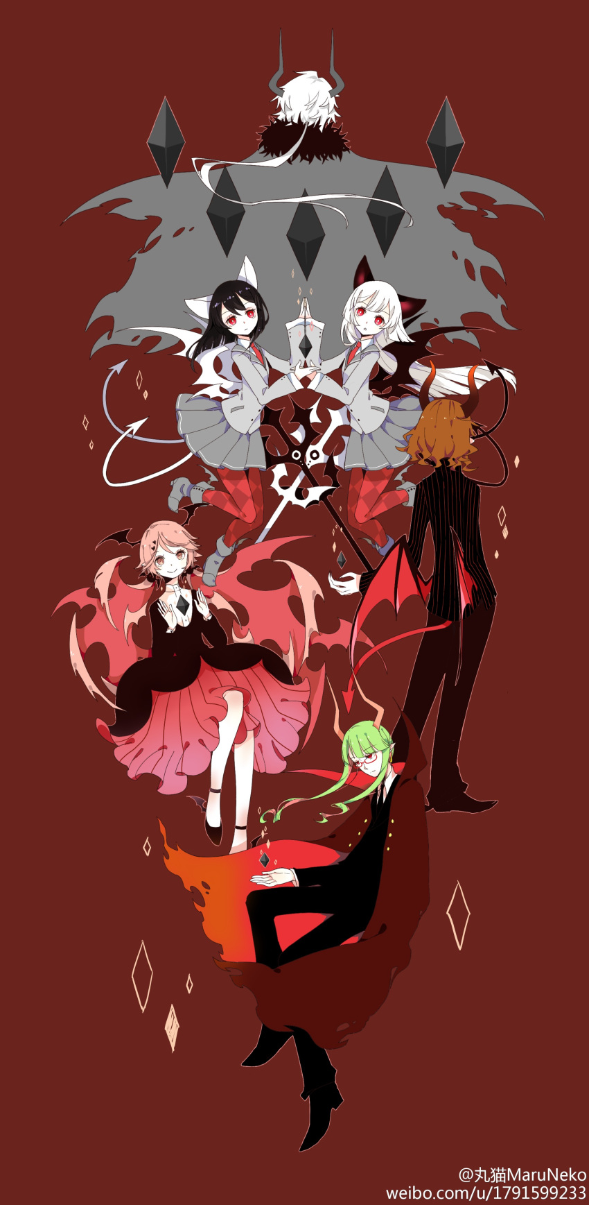 3boys 3girls absurdres arbus ater black_dress black_hair black_suit cranber_(haiiro_teien) demon demon_boy demon_girl demon_horns demon_tail demon_wings diamond_(shape) dress funamusea grey_hair haiiro_teien highres horns kcalb_(haiiro_teien) looking_at_viewer lost_(haiiro_teien) low_ponytail low_twintails multiple_boys multiple_girls pink_hair red_hair suit tail twintails weibo_1791599233 white_hair wings yosaflame_(haiiro_teien)