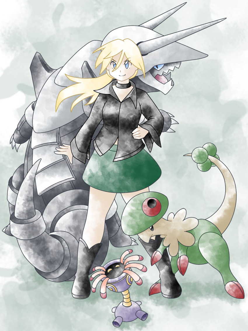 1girl aggron artist_self-insert black_choker black_footwear black_shirt blonde_hair blue_eyes breloom choker closed_mouth commentary english_commentary full_body greatmothsucks green_skirt hand_on_own_hip highres lileep long_hair looking_at_viewer original pokemon pokemon_(creature) shirt skirt standing