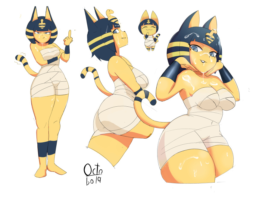 2020 absurd_res animal_crossing ankha_(animal_crossing) anthro bangs biped black_lips black_nose blue_hair bob_cut bodily_fluids bodysuit breasts butt chibi clothed clothing compression_artifacts cum cum_in_hair cum_on_chest cum_on_face cum_on_leg cum_on_lips domestic_cat eyeliner felid feline felis female form_fitting frown frowning_at_viewer genital_fluids gesture hair hand_under_chin hi_res lips looking_at_viewer makeup mammal markings medium_breasts middle_finger multiple_images narrowed_eyes navel_outline nintendo octobola open_mouth open_smile pose signature simple_background skinsuit smile solo standing striped_markings striped_tail stripes tail tail_markings tail_motion thick_thighs tight_clothing uraeus white_background wide_hips wraps