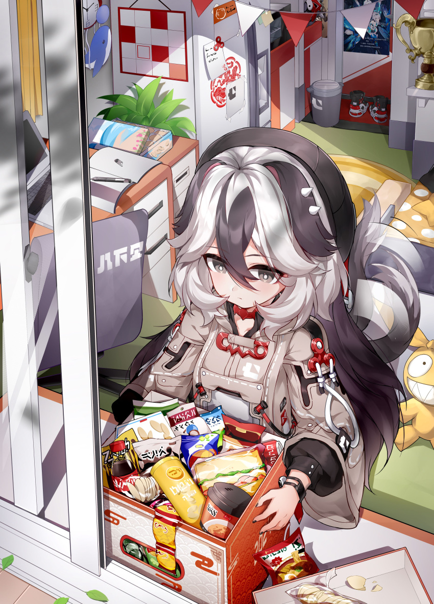 1girl absurdres breasts bronya_zaychik bronya_zaychik_(herrscher_of_truth) chair chips_(food) closed_mouth cola computer coralie_(honkai_impact) food grey_hair guaili_shu hair_between_eyes highres homu_(honkai_impact) honkai_(series) honkai_impact_3rd indoors microwave multicolored_hair paper plant refrigerator second-party_source shoes small_breasts snack solo trash_can trophy window