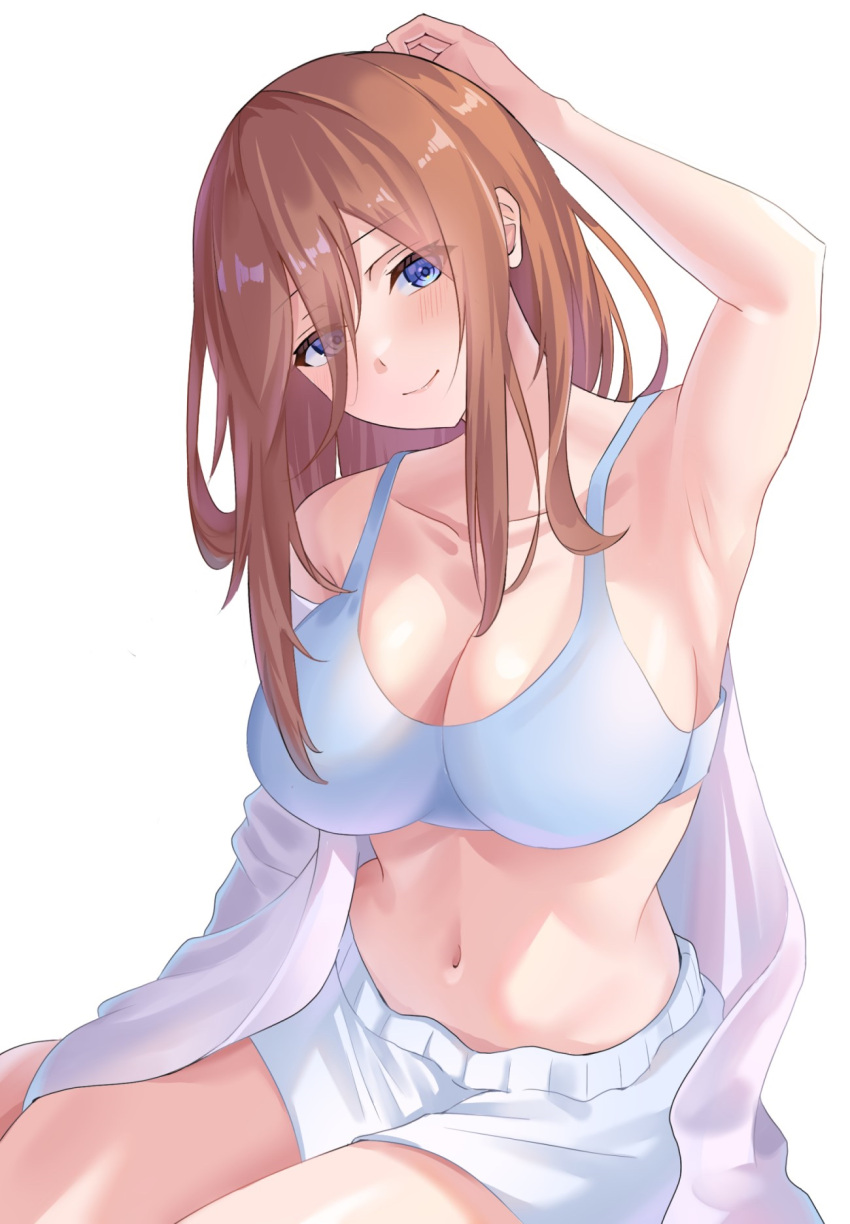 1girl arm_behind_head arm_up armpits bare_shoulders blue_bra blue_eyes blue_shorts blush bra breasts brown_hair cleavage closed_mouth collarbone commentary_request go-toubun_no_hanayome hair_between_eyes highres large_breasts long_hair long_hair_between_eyes looking_at_viewer nakano_miku navel open_clothes shirt shirt_partially_removed short_shorts shorts simple_background sitting smile solo underwear uyufuzi_s white_background white_shirt white_shorts