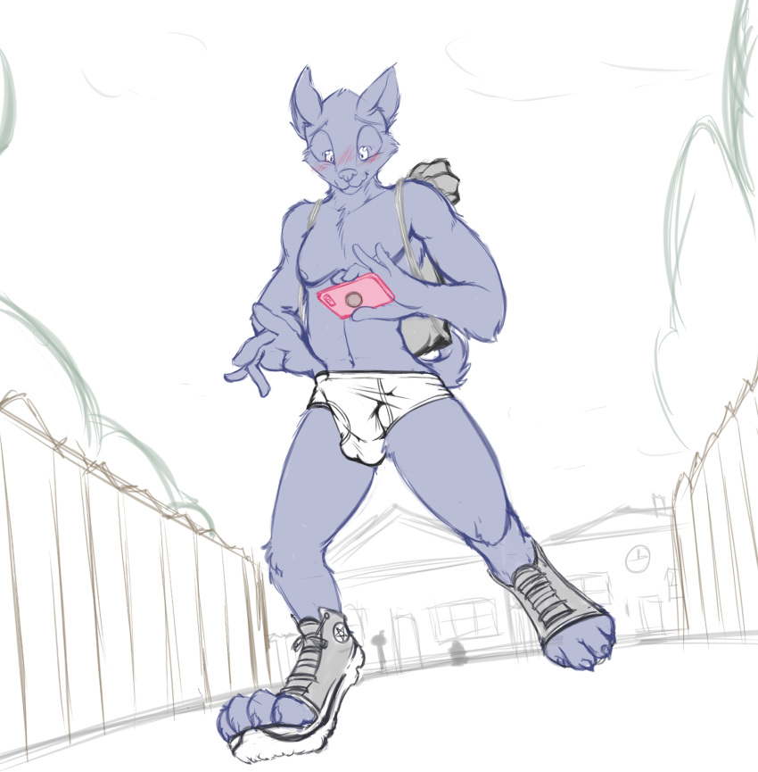 anthro backpack blush briefs bulge canid canine clothed clothing footwear frist44 hi_res indecent male mammal navel selfie shoes sneakers solo underwear