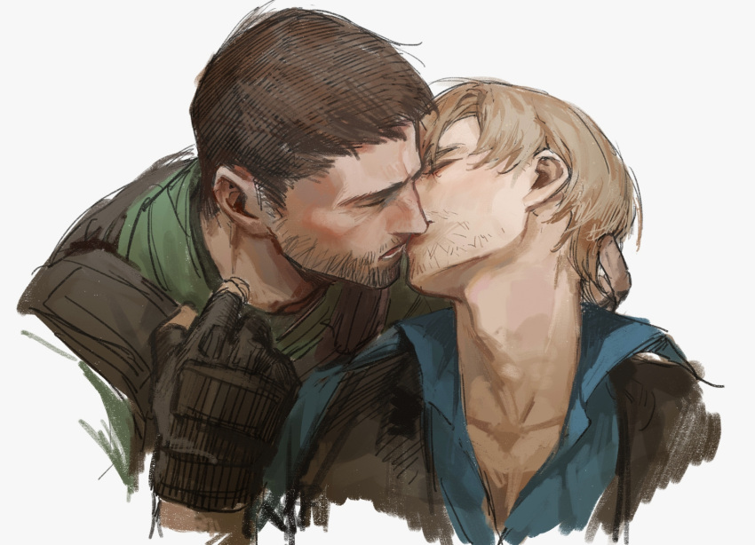 2boys adam's_apple beard_stubble black_gloves black_hair blue_shirt brown_hair bulletproof_vest chris_redfield closed_eyes collared_shirt couple cropped_torso facial_hair fingerless_gloves gloves green_shirt head_tilt highres imminent_kiss jianghesongmu leon_s._kennedy male_focus mature_male multiple_boys open_mouth resident_evil resident_evil_6 shirt shirt_tug short_hair simple_background sparse_stubble stubble thick_eyebrows unfinished white_background yaoi