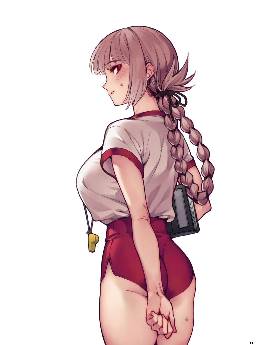 1girl absurdres ass back blush braid braided_ponytail breasts buruma fate/grand_order fate_(series) florence_nightingale_(fate) folded_ponytail highres large_breasts long_hair looking_at_viewer looking_back mitsurugi_sugar pink_hair red_buruma red_eyes shirt short_sleeves solo whistle white_shirt