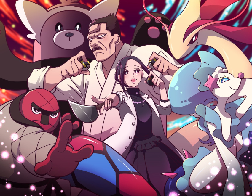 1boy 1girl bewear black_dress black_eyes clenched_hand dougi dress gen_3_pokemon gen_5_pokemon gen_7_pokemon golden_kamuy highres holding holding_knife ienaga_kano japanese_clothes knife luxury_ball maddysaki milotic mole mole_under_mouth no_pupils poke_ball pokemon primarina throh ultra_ball ushiyama_tatsuma