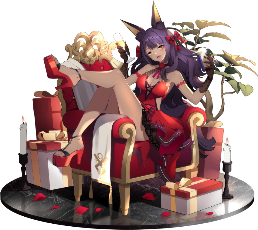 1girl :d animal_ear_fluff animal_ears backless_dress backless_outfit bare_legs black_gloves blunt_bangs bow breasts candle candlestand champagne_flute cleavage cup dark-skinned_female dark_skin dress drinking_glass eversoul fang full_body game_cg gift glint gloves hair_bow high_heels highres holding holding_cup holding_phone jackal_ears jackal_girl leg_up light_blush looking_at_object medium_breasts non-web_source official_alternate_costume official_alternate_hairstyle official_art on_chair petals phone plant platform_footwear potted_plant purple_hair red_bow red_dress red_footwear rose_petals sitting_sideways smile solo tachi-e tasha_(eversoul) transparent_background yellow_eyes