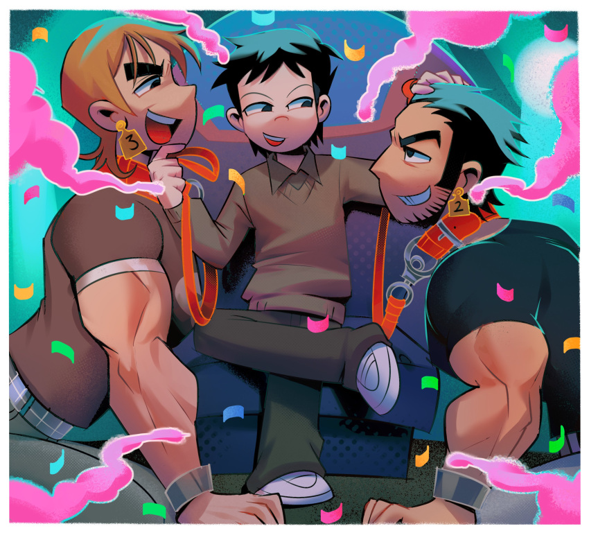 3boys :d absurdres beard_stubble black_hair boy_sandwich bryan_lee_o'malley_(style) competition confetti eye_contact facial_hair full_body gigi_(spacemanremix) highres holding holding_leash leash looking_at_another love_triangle lucas_lee male_focus multiple_boys muscular muscular_male sandwiched scott_pilgrim_(series) scott_pilgrim_takes_off shirt short_hair short_sleeves sideways_mouth size_difference smile smirk smoke smug stubble t-shirt thick_eyebrows todd_ingram v-shaped_eyebrows wallace_wells yaoi