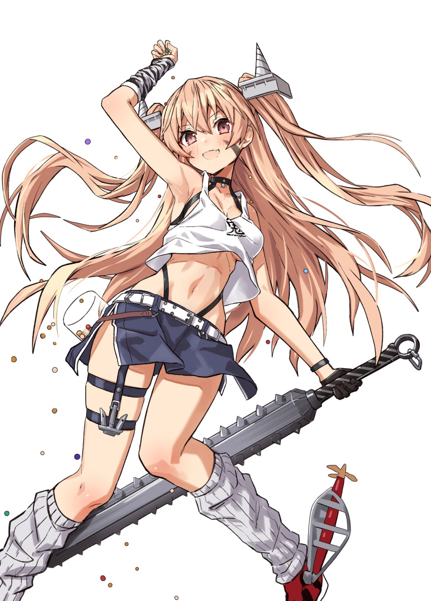1girl armpits asymmetrical_gloves beans black_gloves blue_skirt blush breasts brown_eyes club_(weapon) fingerless_gloves gloves hair_between_eyes highres holding holding_weapon johnston_(kancolle) kanabou kantai_collection leg_warmers light_brown_hair long_hair mismatched_gloves navel official_alternate_costume open_mouth setsubun simple_background single_fingerless_glove skirt small_breasts smile solo takanashi_kei_(hitsujikan) tank_top two_side_up weapon white_background white_tank_top