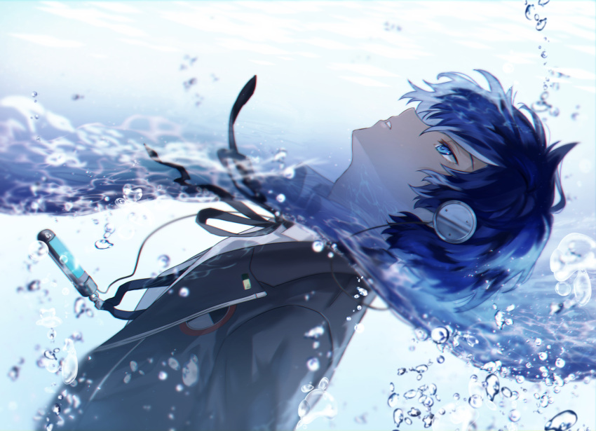 1boy blue_eyes blue_hair bubble collared_shirt digital_media_player expressionless floating_clothes floating_hair from_side gekkoukan_high_school_uniform grey_jacket grey_ribbon headphones jacket long_hair male_focus neck_ribbon parted_lips partially_submerged partially_underwater_shot persona persona_3 ribbon school_uniform shirt short_hair simple_background solo tsukitaka very_long_hair water white_shirt wing_collar yuuki_makoto_(persona_3)