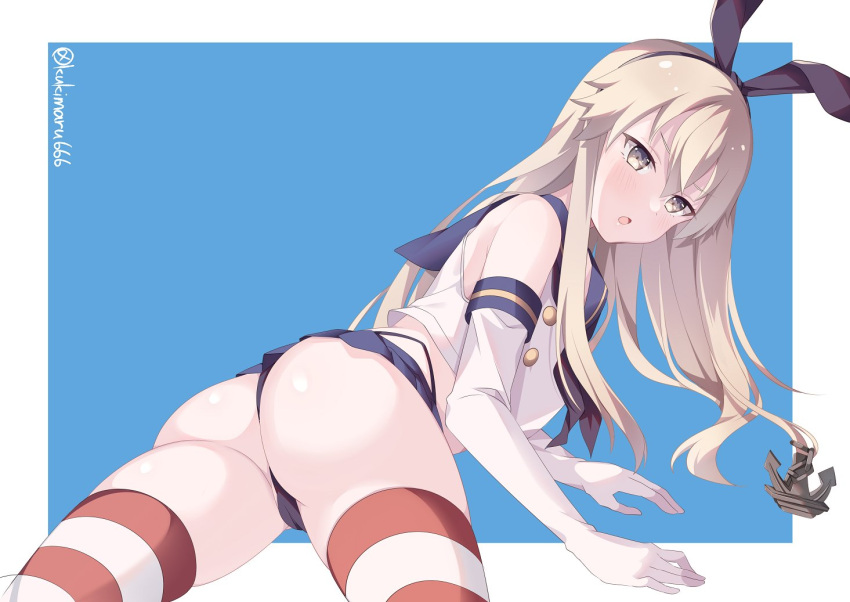 1girl anchor_hair_ornament ass black_hairband black_neckerchief black_panties blonde_hair blue_background blue_sailor_collar blue_skirt commentary_request crop_top elbow_gloves gloves grey_eyes hair_ornament hairband highleg highleg_panties kantai_collection kukimaru long_hair looking_at_viewer looking_back microskirt miniskirt neckerchief panties pleated_skirt sailor_collar shimakaze_(kancolle) shirt skirt sleeveless sleeveless_shirt solo striped_clothes striped_thighhighs thighhighs twitter_username two-tone_background underwear white_gloves