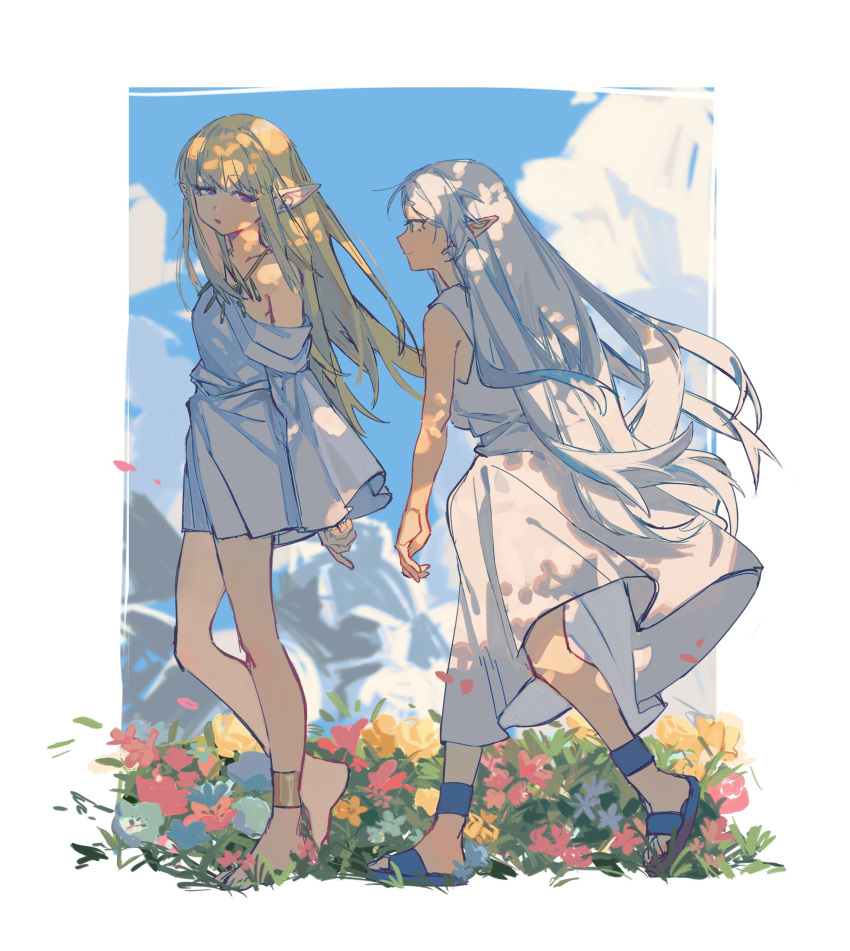 2girls absurdres anklet bare_arms bare_shoulders barefoot blonde_hair blue_eyes blue_sky closed_mouth dappled_sunlight day dress elf field flamme_(sousou_no_frieren) flip-flops floating_clothes floating_hair flower flower_field frieren from_side full_body hair_over_shoulder hashtag_only_commentary highres jewelry kurattes long_hair long_sleeves looking_at_another looking_at_viewer looking_to_the_side multiple_girls nature off_shoulder outside_border parted_lips pointy_ears profile purple_eyes red_flower sandals short_dress sky sleeveless sleeveless_dress smile sousou_no_frieren sunlight very_long_hair walking white_dress white_hair wide_sleeves wind yellow_flower