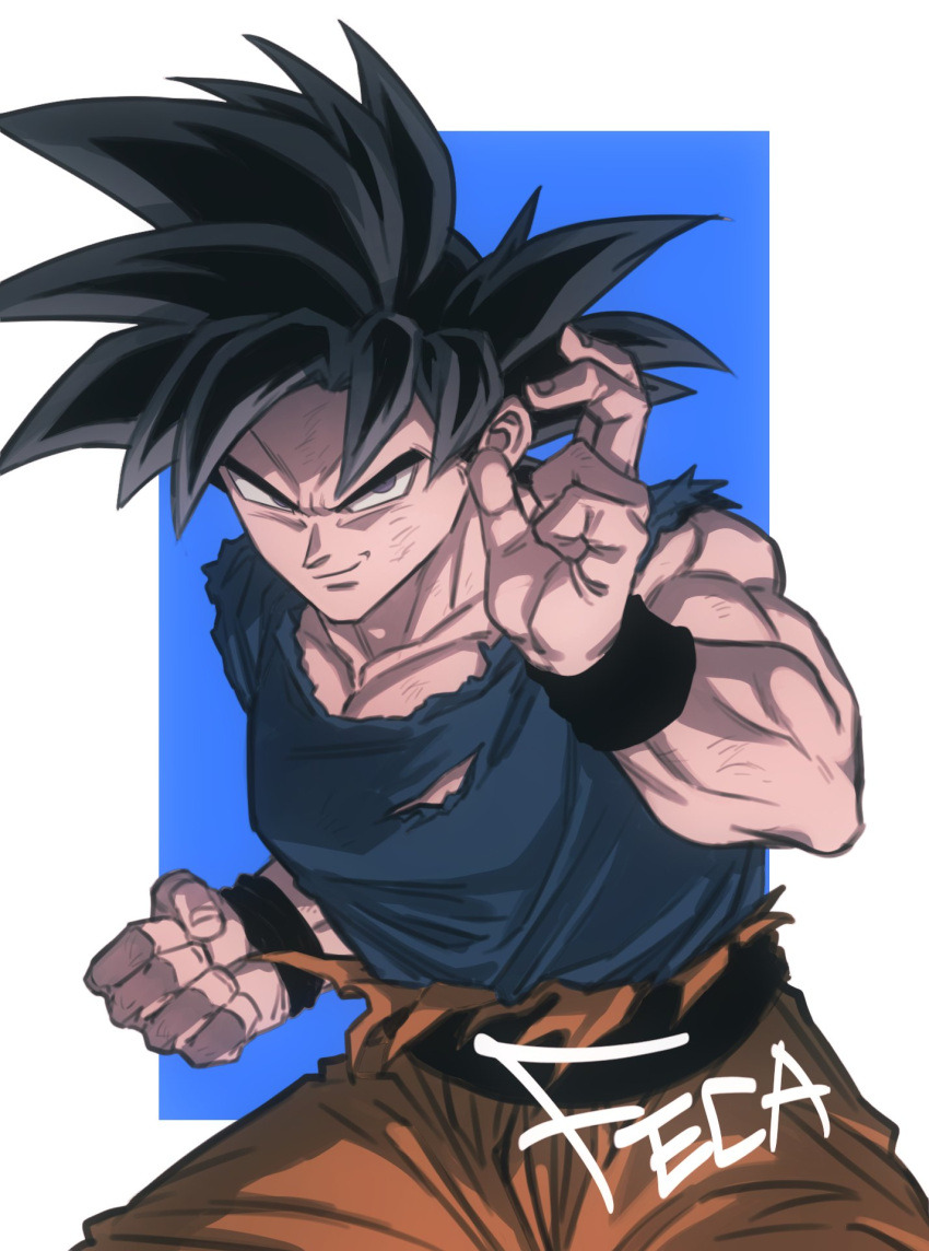 1boy artist_name belt black_belt black_hair blue_shirt closed_mouth dragon_ball dragon_ball_super fecaa fighting_stance highres large_pectorals male_focus muscular muscular_male pants pectorals shirt short_hair simple_background smile solo son_goku spiked_hair torn_clothes torn_pants torn_shirt ultra_instinct wristband