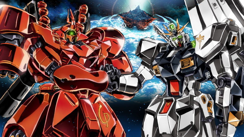 axis_(gundam) char's_counterattack earth funnels garimpeiro getter_robo glowing glowing_eyes green_eyes gundam handshake highres looking_at_viewer looking_up mecha missile_pod no_humans nu_gundam one-eyed parody planet sazabi shin_getter_robo_vs_neo_getter_robo space sun v-fin zeon