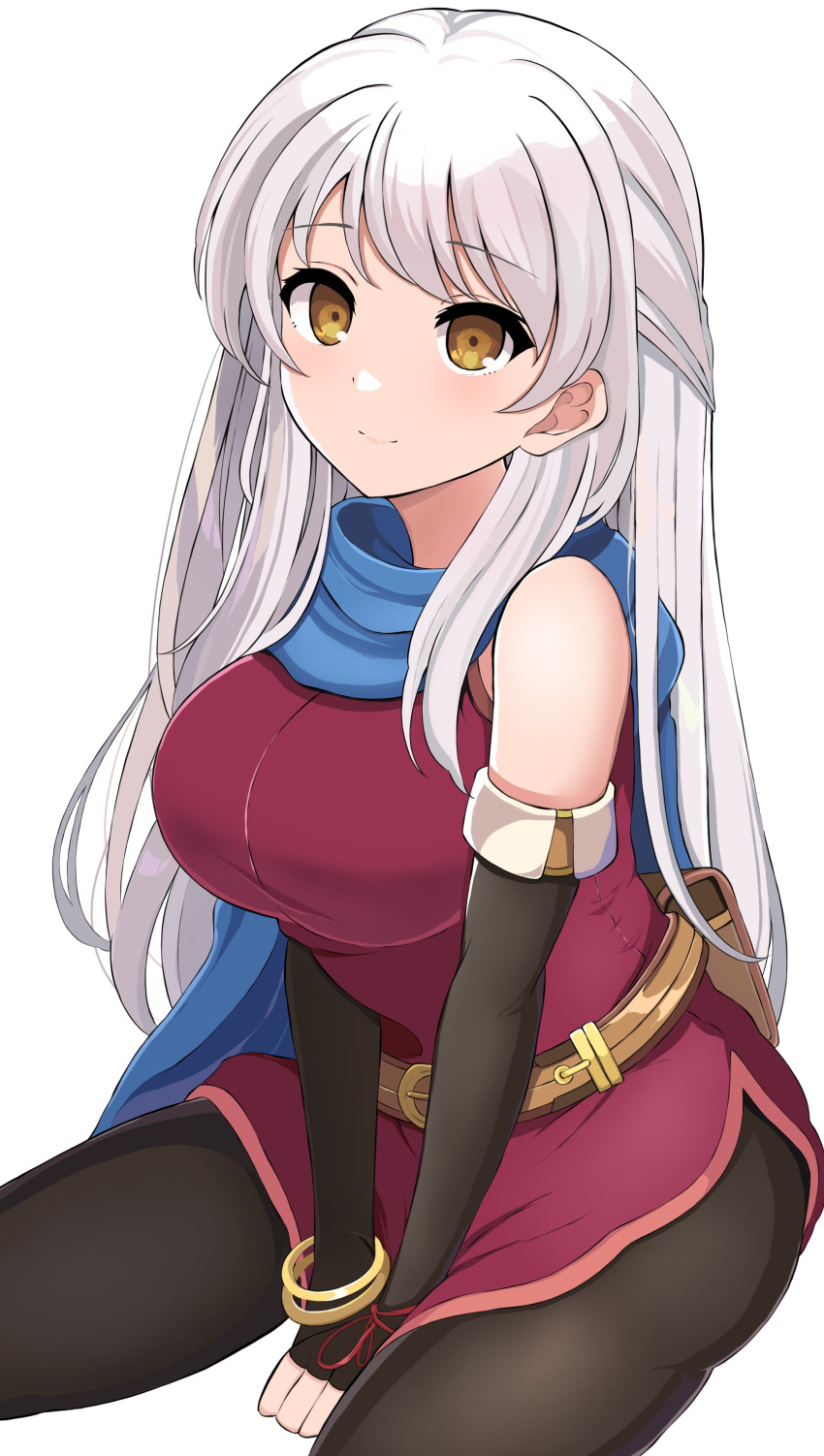 1girl absurdres bare_shoulders black_gloves black_leggings blue_scarf bracelet breasts dress elbow_gloves fingerless_gloves fire_emblem fire_emblem:_radiant_dawn gloves grey_hair half_updo highres jewelry kocha_(jgug7553) large_breasts leggings long_hair micaiah_(fire_emblem) scarf side_slit simple_background sleeveless sleeveless_dress smile solo white_background yellow_eyes