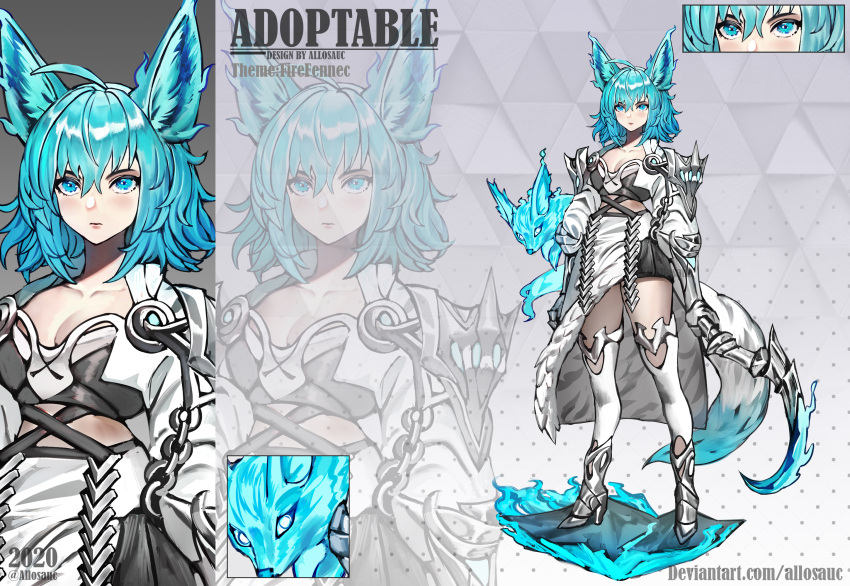 1girl 2020 adoptable ahoge allosauc animal_ears artist_name black_shorts blue_eyes blue_hair boots breasts cleavage close-up closed_mouth collarbone commentary cowboy_shot creature_and_personification cross-laced_clothes deviantart_username english_commentary english_text expressionless eyeshadow fennec_fox fox fox_ears fox_tail full_body gradient_background grey_background grey_footwear grey_tube_top high_heel_boots high_heels highres knee_cutout large_breasts light_blush looking_at_viewer makeup medium_hair multiple_views original over-kneehighs pink_eyeshadow polka_dot polka_dot_background projected_inset reference_sheet short_shorts shorts simple_background skirt socks strapless tail thighhighs triangle_background tube_top white_skirt white_socks