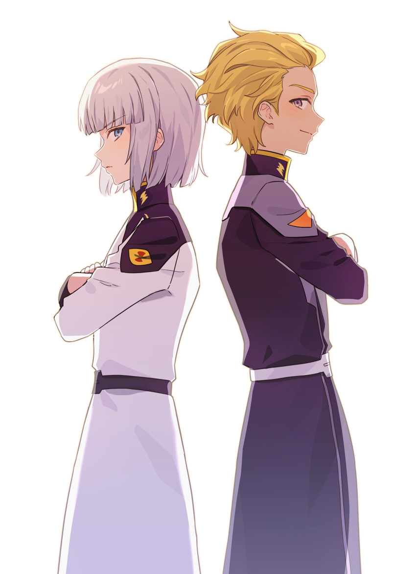 2boys absurdres back-to-back blonde_hair blue_eyes crossed_arms dearka_elsman gundam gundam_seed gundam_seed_freedom highres looking_to_the_side military_uniform multiple_boys purple_eyes uniform white_background ymrxx_(kamihurai) yzak_joule